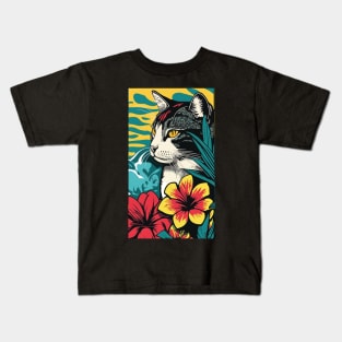 American Shorthair Cat Vibrant Tropical Flower Tall Retro Vintage Digital Pop Art Portrait 2 Kids T-Shirt